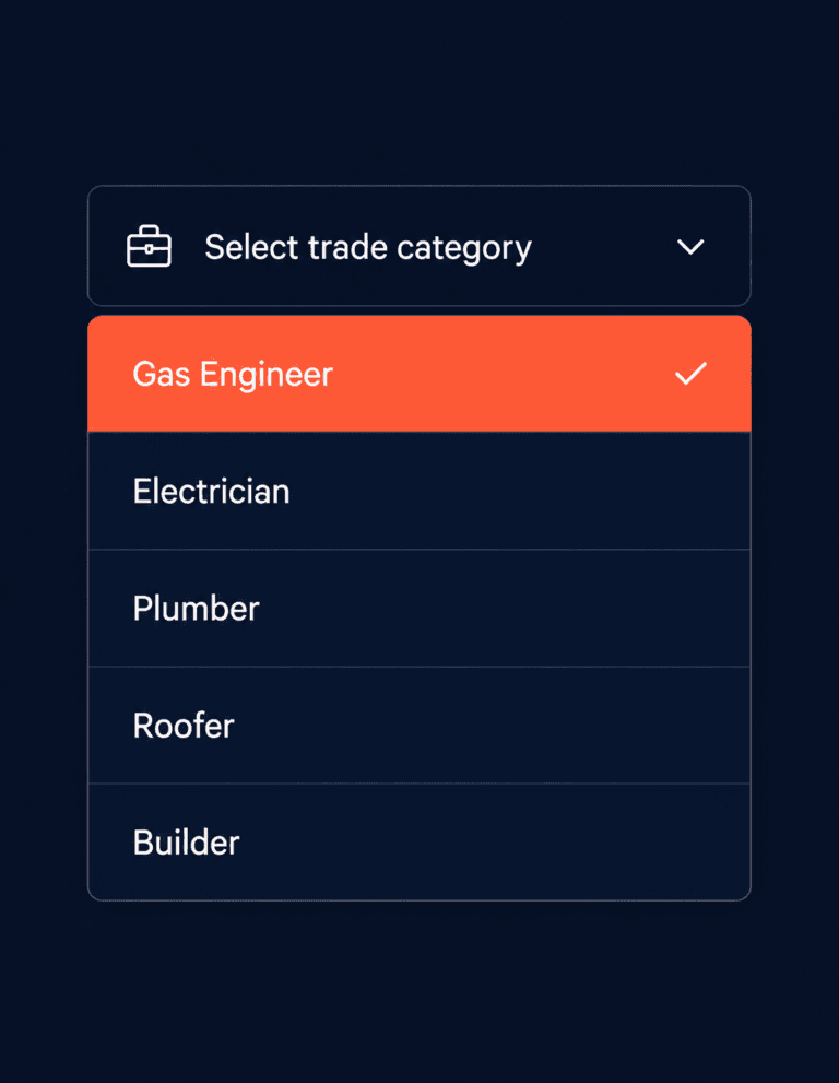 Google Business Profile category selection screen showing trade-specific categories for UK tradespeople