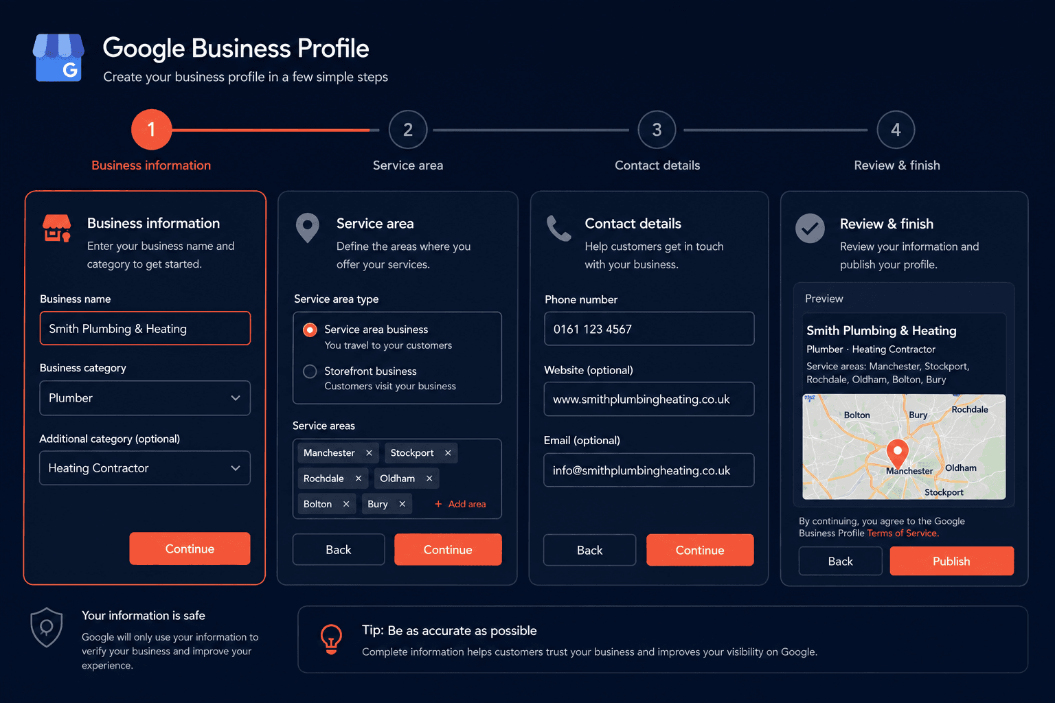 Step-by-step Google Business Profile setup screen showing a UK tradesperson's business name and category being entered
