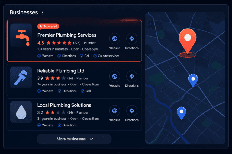 Google Local Pack showing three optimised tradesperson listings with strong review counts and complete business profiles