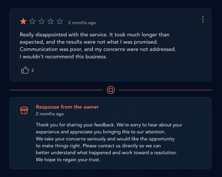 How to respond to bad reviews tradesperson UK example showing a calm, professional reply beneath a one-star Google review